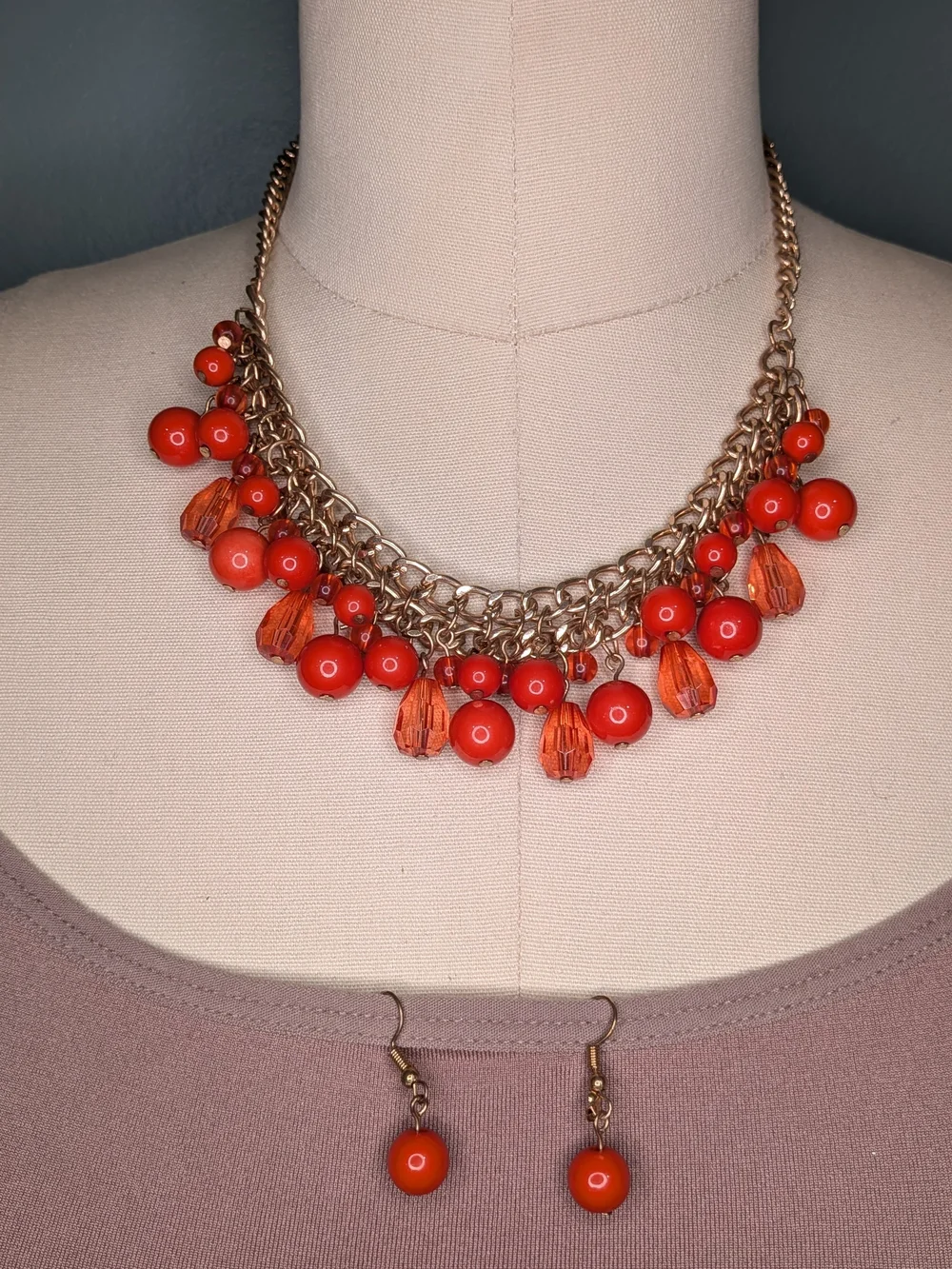Dark Orange Bead Gold Cluster Fringe Statement Collar Necklace & Earrings Set